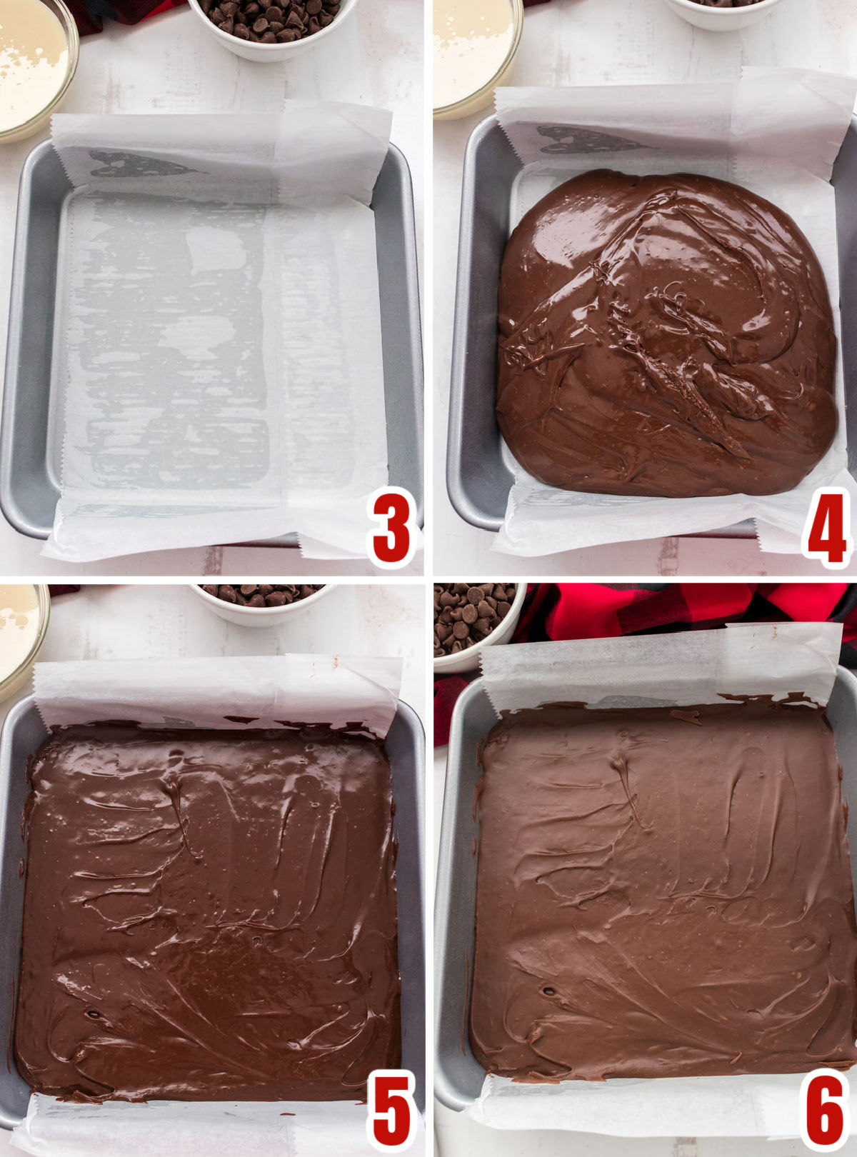 Collage image showing the steps for pouring the fudge mixture into an 8x8" baking pan.
