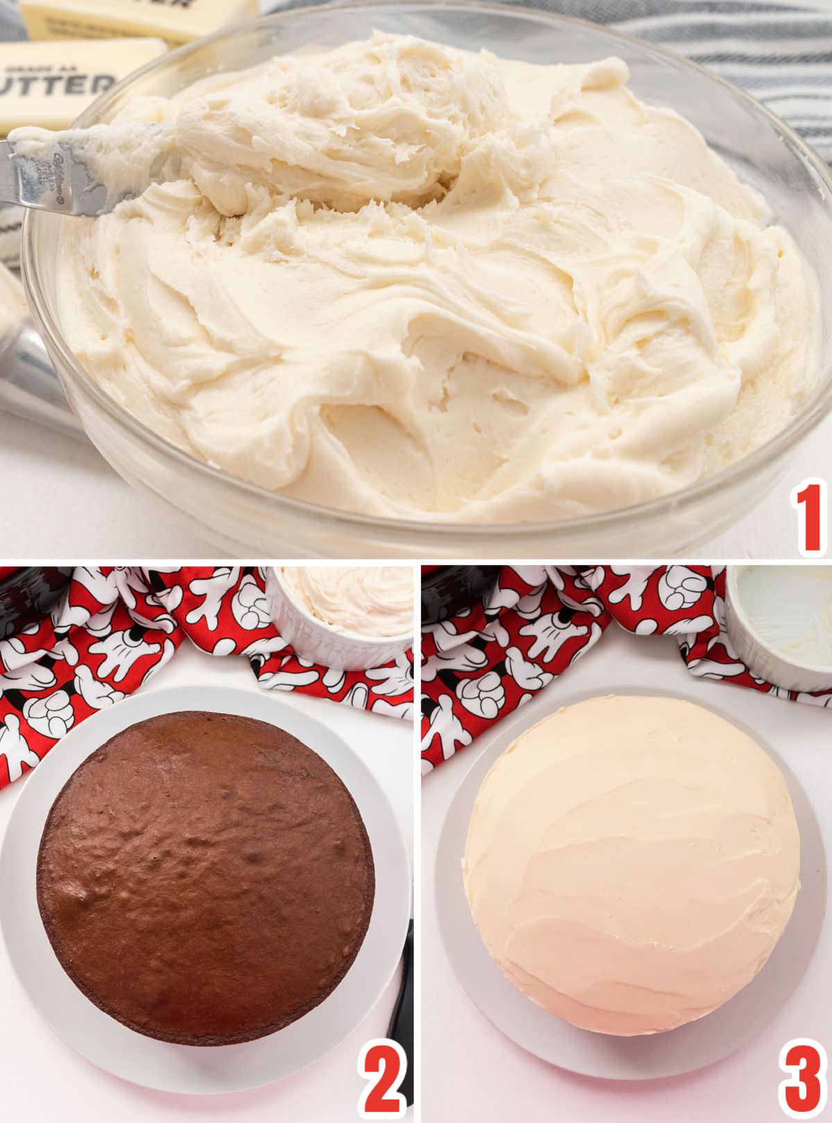 Collage image showing the steps for preparing to decorate the cake including making the frosting, making the cake and frosting the cake.
