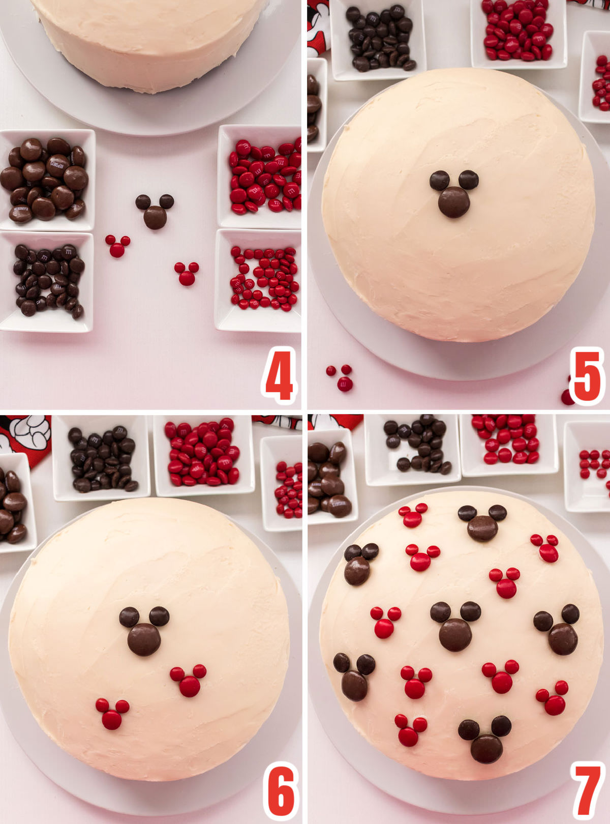 Collage image showing the steps for decorating the Easy Mickey Mouse Cake with M&M's.