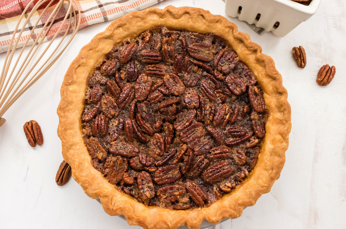 Closeup on a Pecan pie just out of the oven.