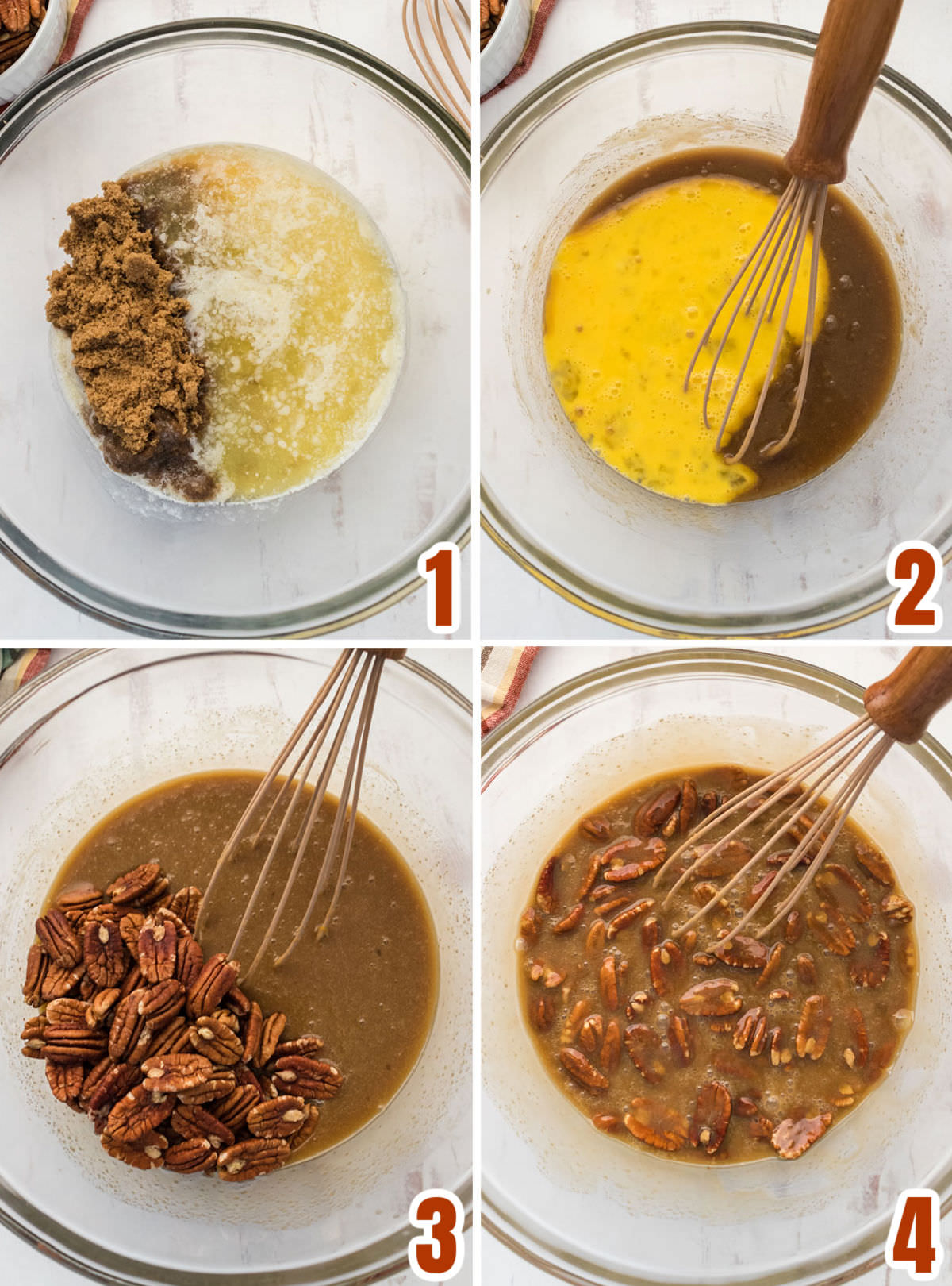 Collage image showing the steps for making the Pecan Pie filling.