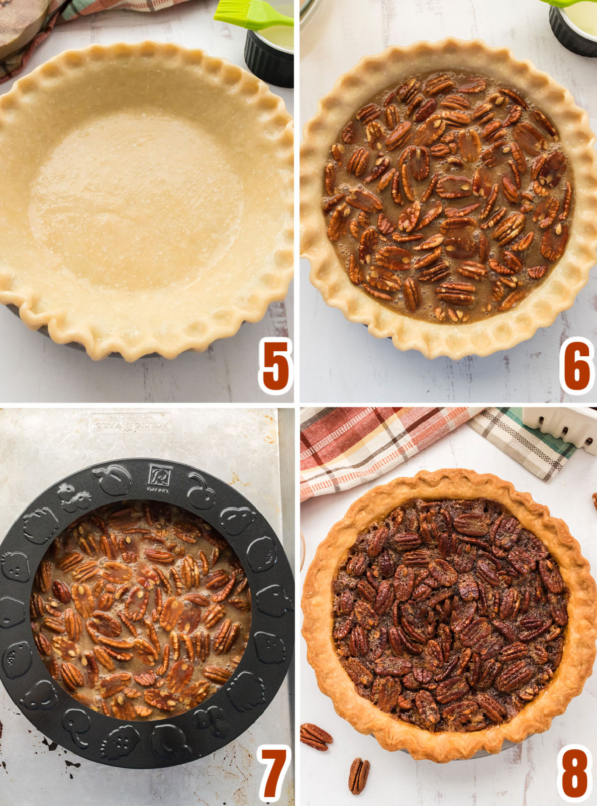 Collage image showing the steps for baking the Pecan Pie recipe.