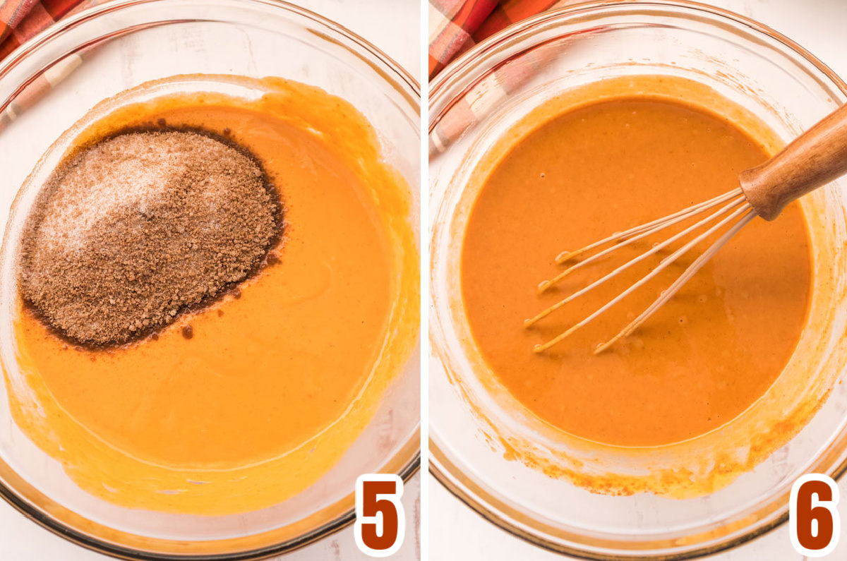 Collage image showing how to mix the dry and wet ingredients together for the pumpkin pie filling.