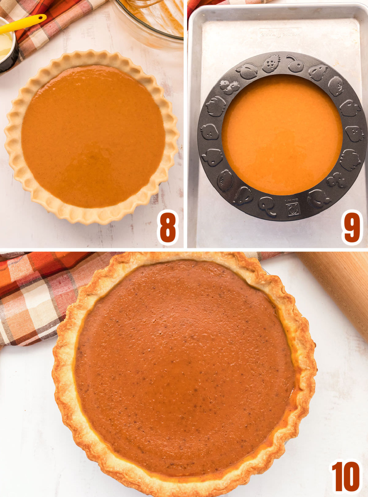 A collage image showing the steps for baking the pumpkin pie.