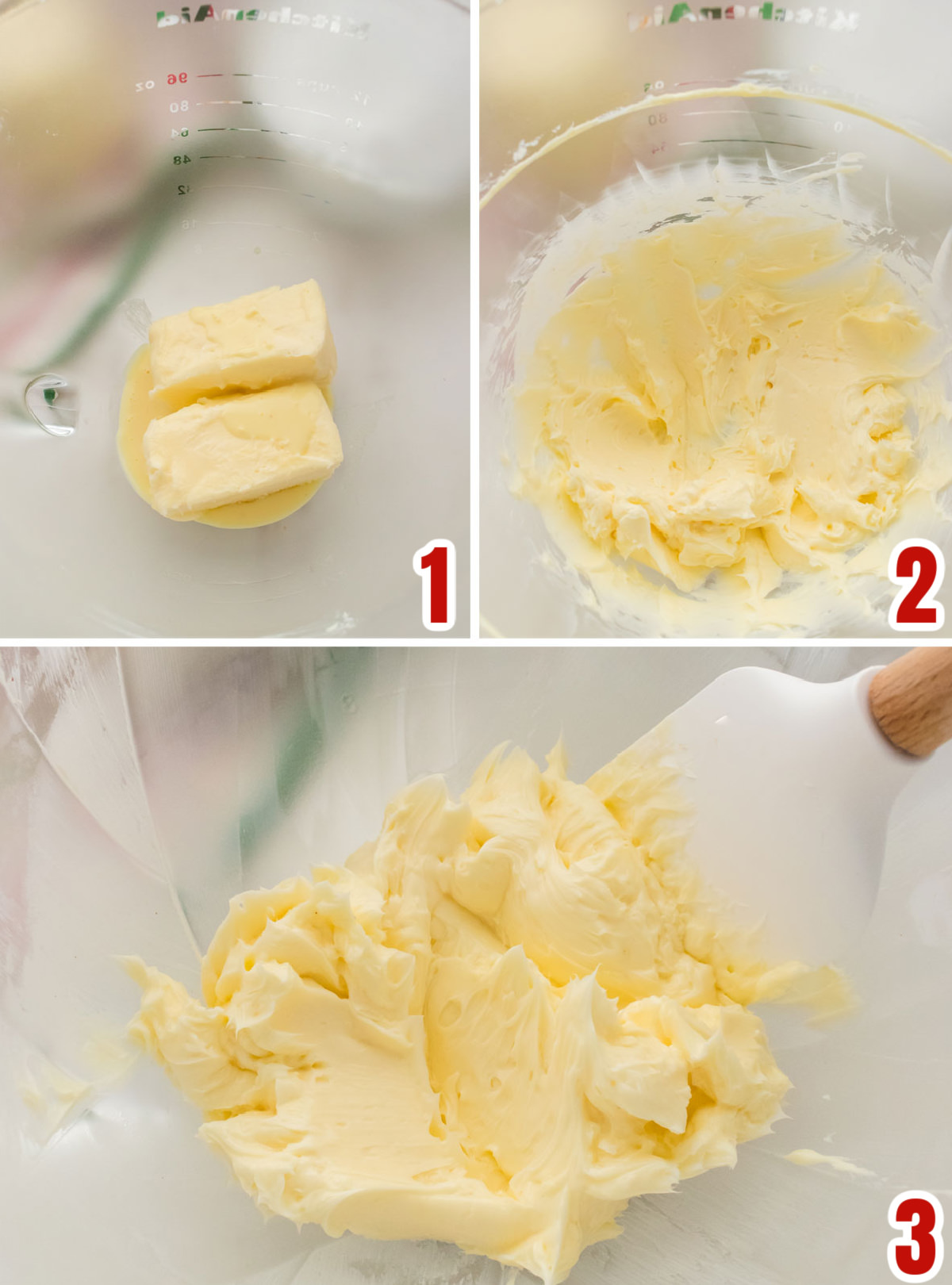 Collage image showing the steps for mixing the butter and the eggnog together for the best frosting flavor.
