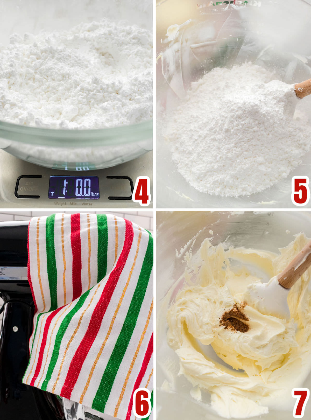 Collage image showing the steps for adding the powdered sugar to the frosting mixture.
