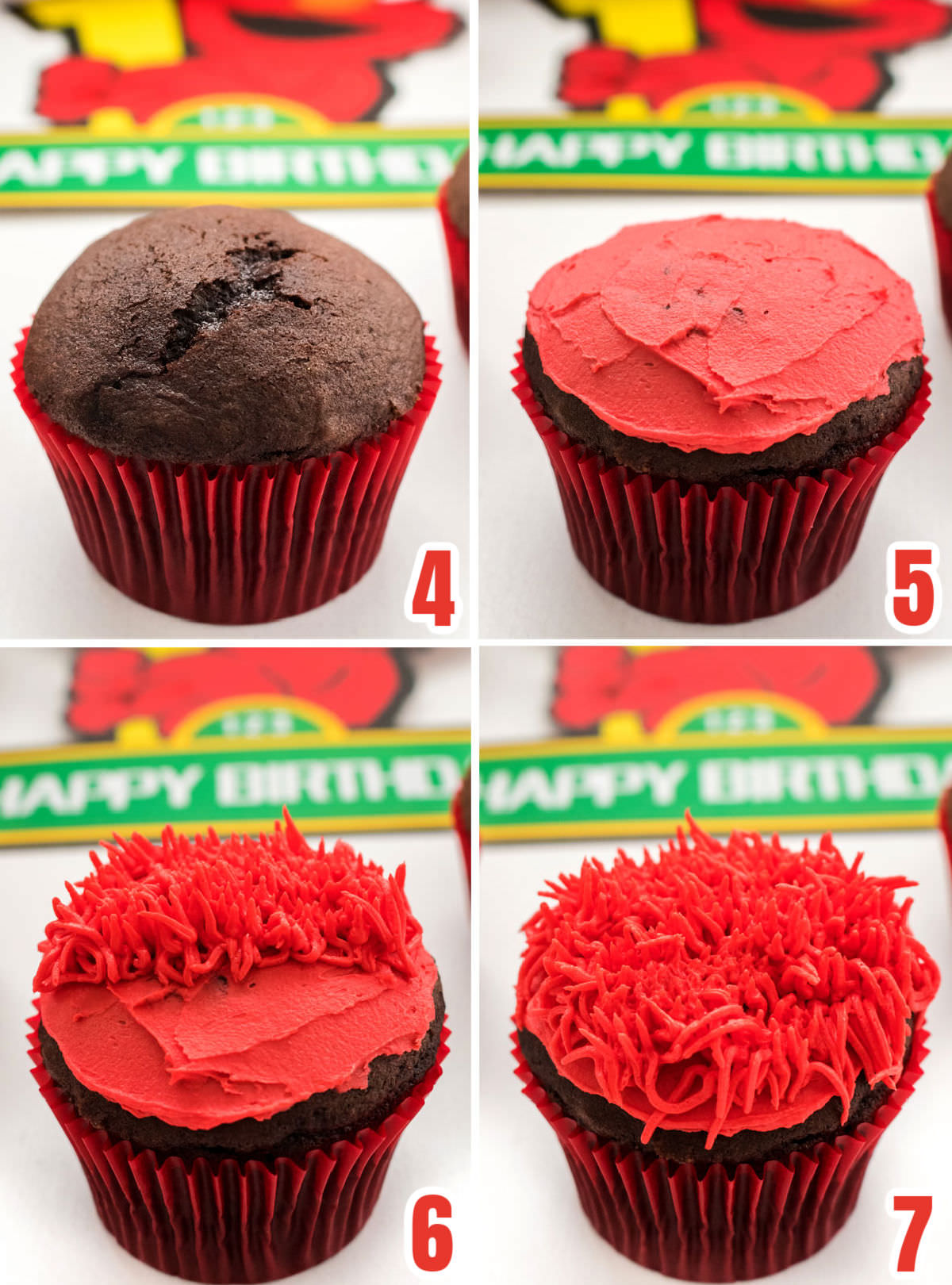 Collage image showing how to frost the cake with Red Buttercream Frosting with a grass decorating tip.