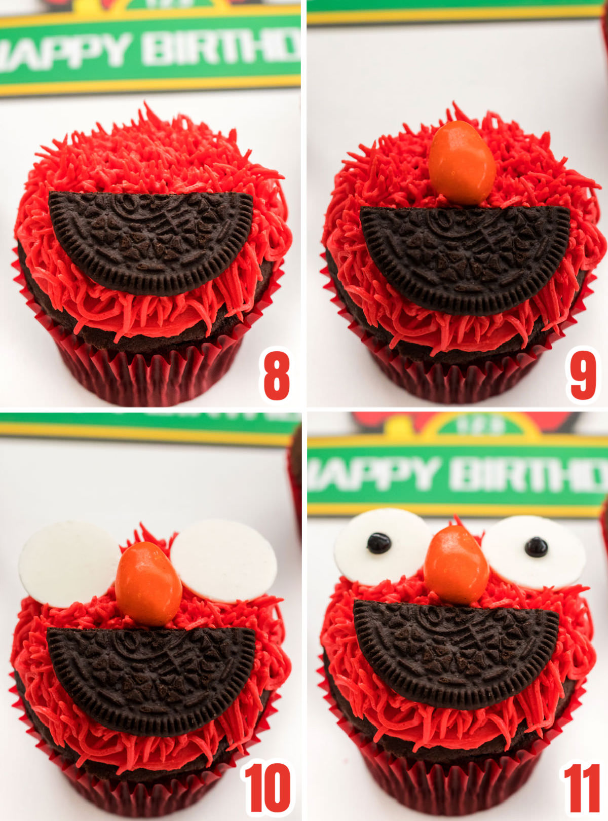 Collage image showing the steps for creating the Elmo face using Oreo Cookies, Candy Melts and an M&M nose.