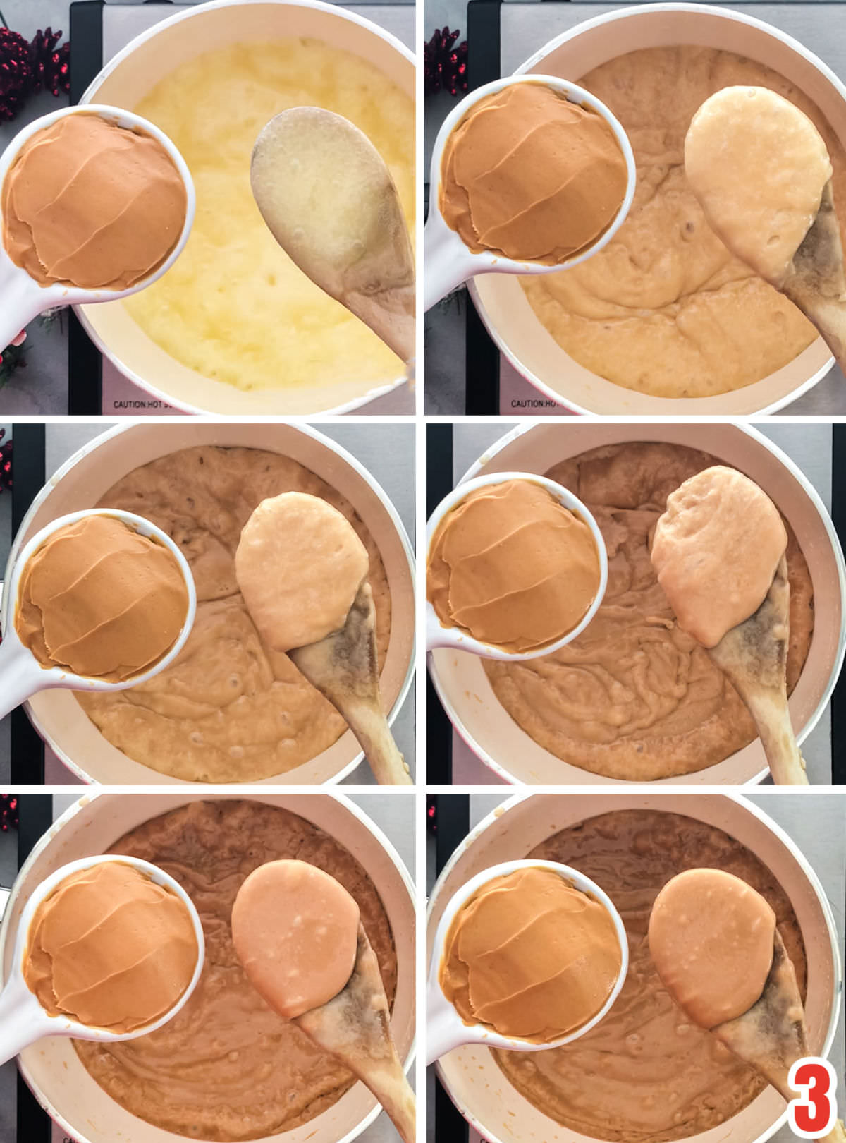 Collage image showing the toffee mixture at various stages in the cookie process to show that it will become of the color of peanut butter when it is finished cooking.