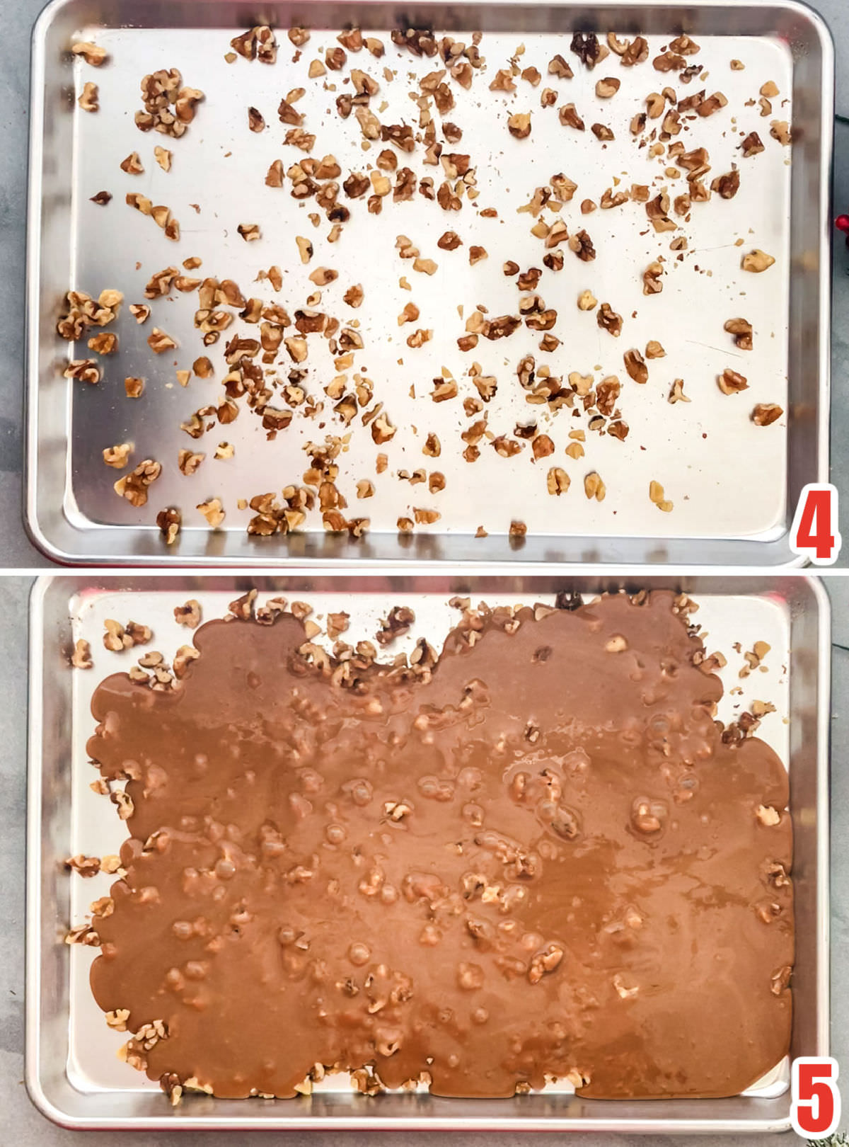 Collage image showing how to pour the warm toffee mixture into a cookie sheet lined with chopped nuts.