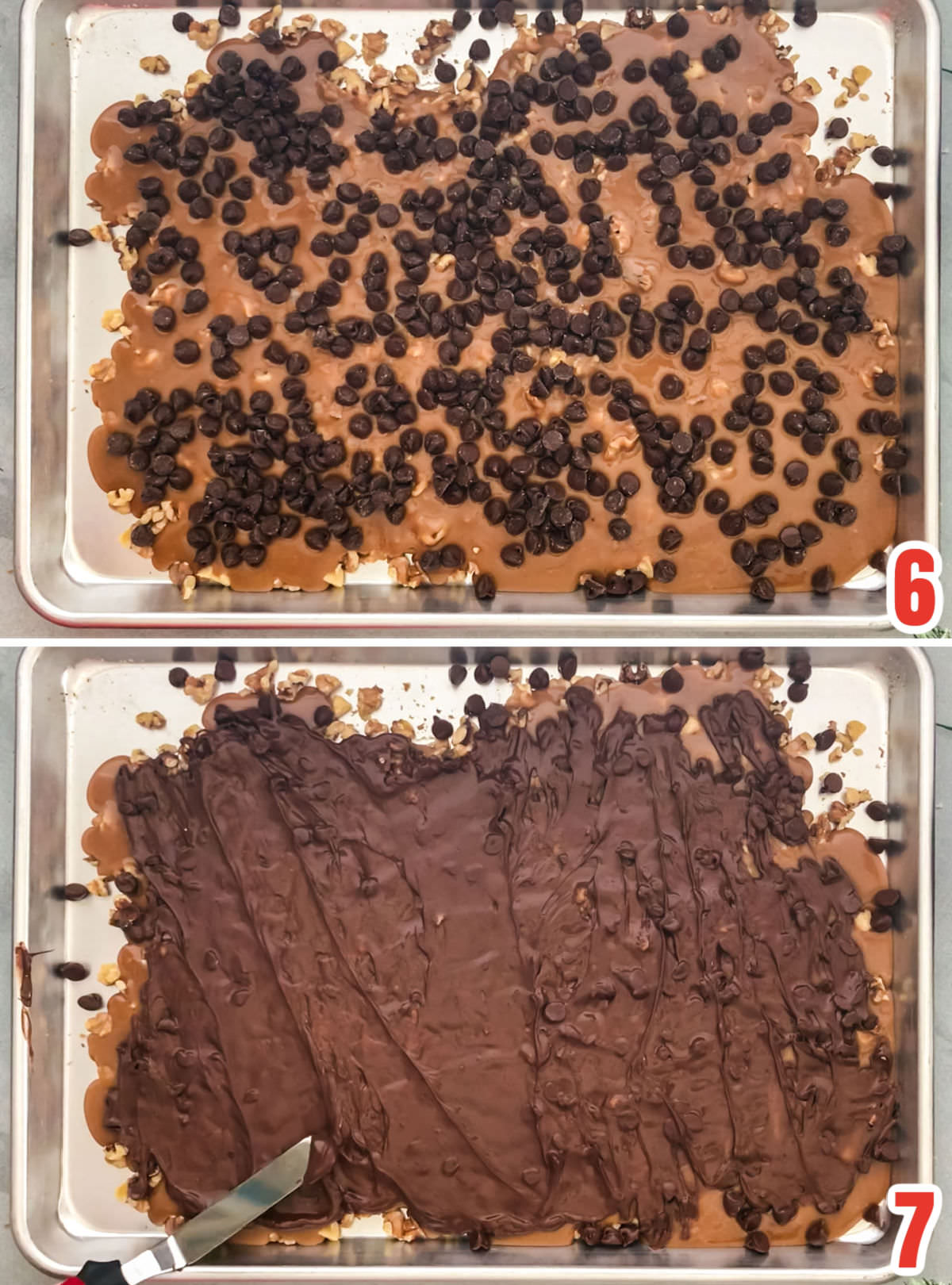 Collage image showing the steps for adding the Chocolate topping to the English Toffee.