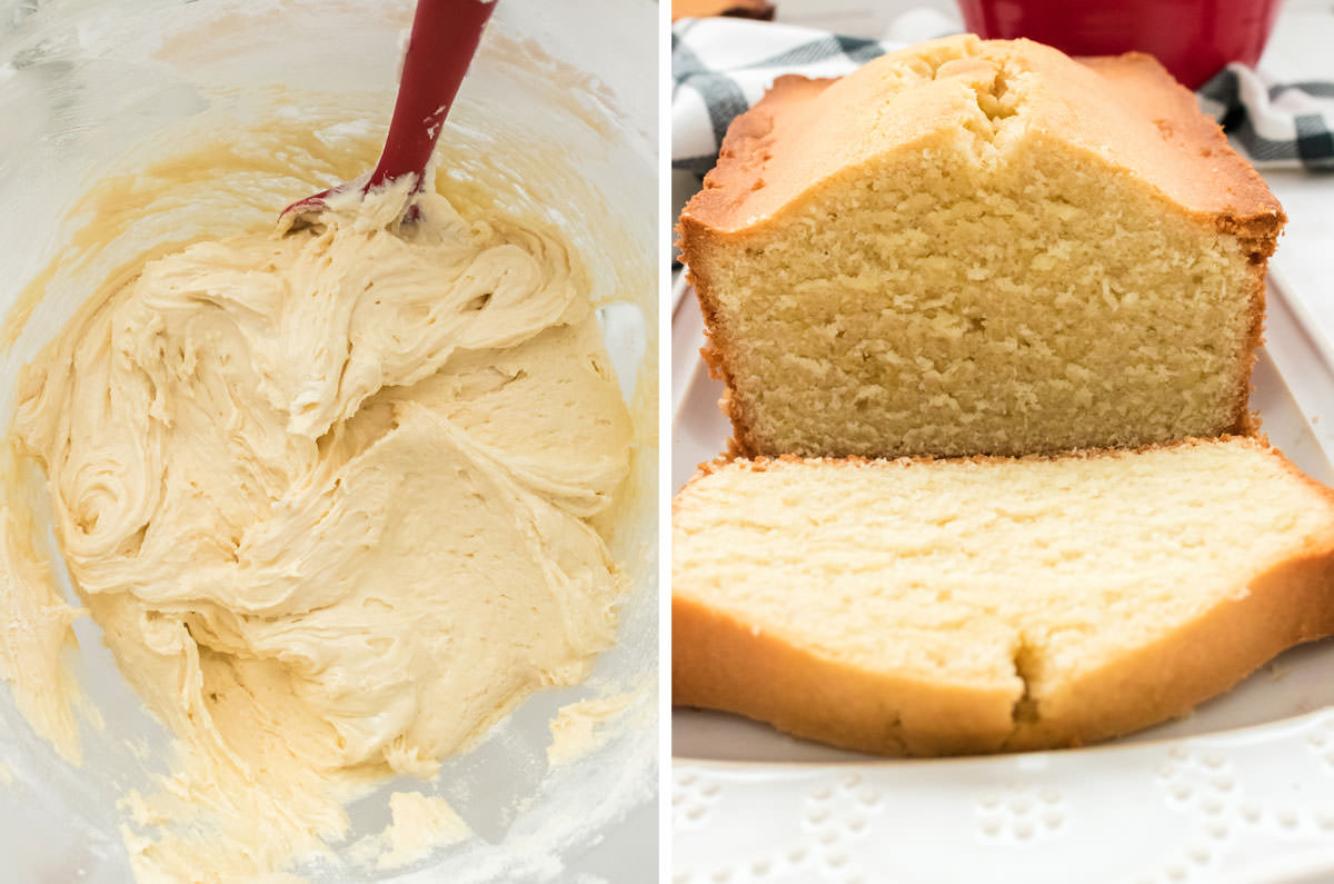 Collage image showing Pound Cake batter and a finished load of Pound Cake.