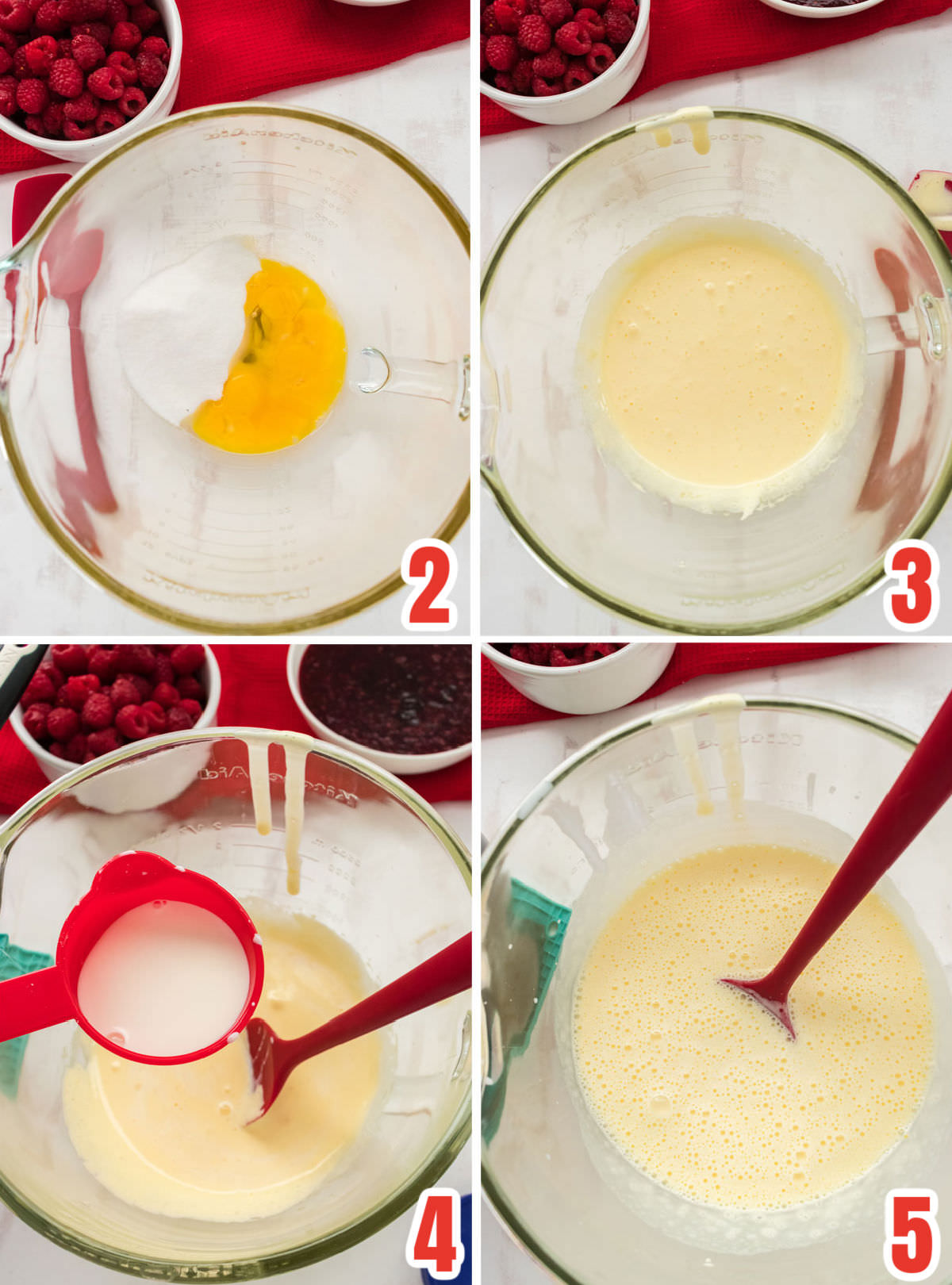 Collage image showing how to make the egg and milk mixture for the Vanilla Custard.