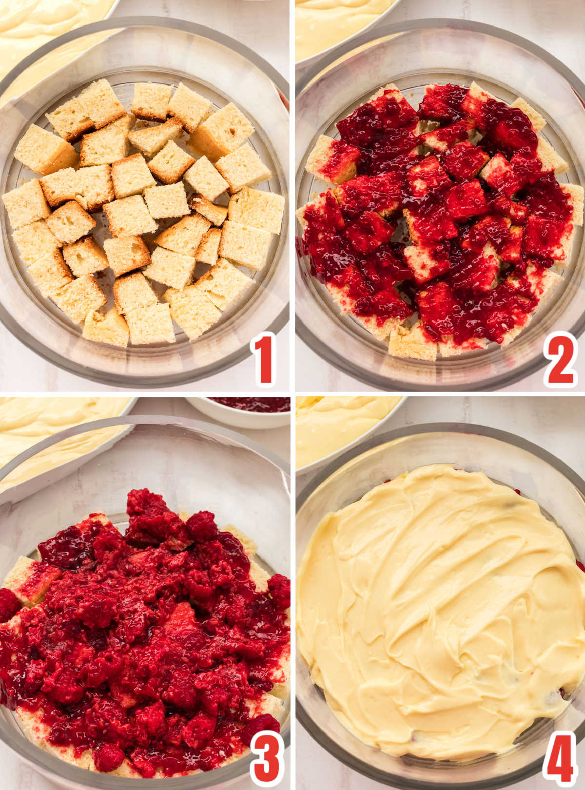 Collage image showing how to assemble the first few layers of the Trifle dessert.