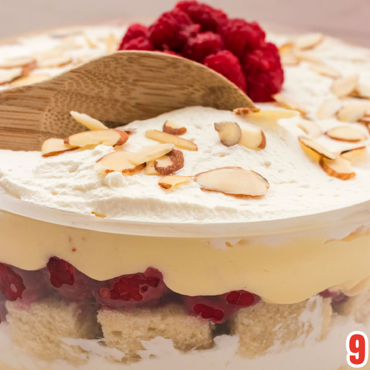 A close up of a large glass bowl filled with English Trifle showing the layers of pound cake, raspberries, custard and whipped cream.