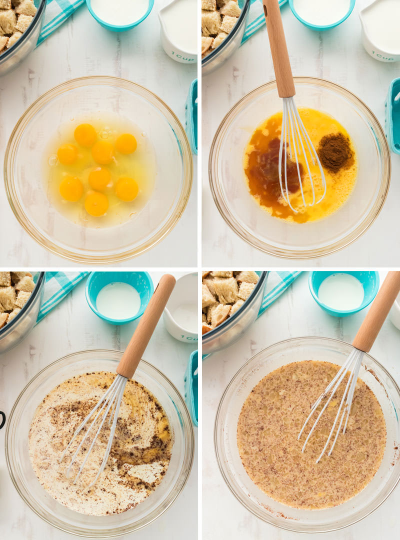 collage image showing the steps for making the egg mixture for the French Toast Casserole