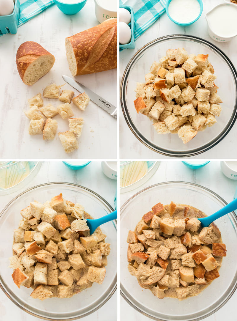 collage image showing how to prepare the French Bread for the breakfast casserole