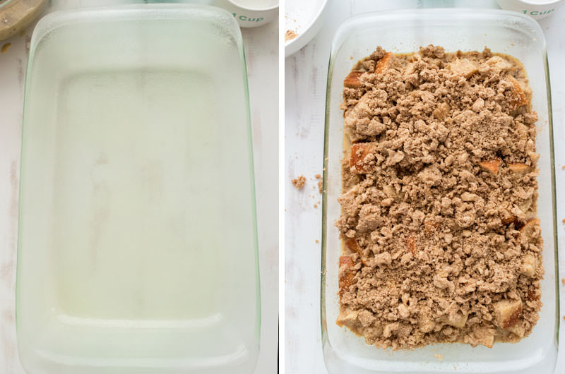 collage image showing how to prepare the French Toast Breakfast dish for the oven