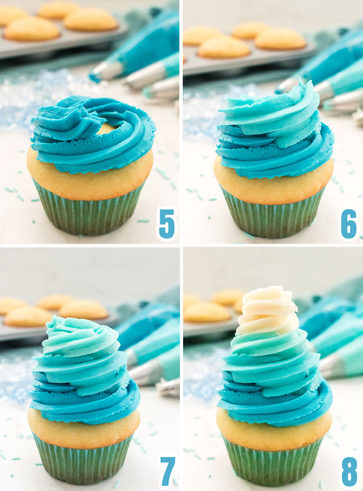 Collage image showing the steps for creating the ombre swirl effect for the Frozen Birthday Party Cupcakes.