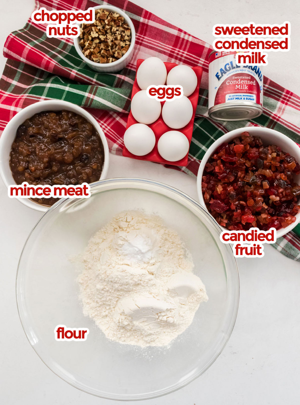 All the ingredients you will need to make The Best Fruit Cake Recipe including chopped nuts, Sweetened Condensed Milk, Eggs, Mincemeat, Candied Fruit and Flour.