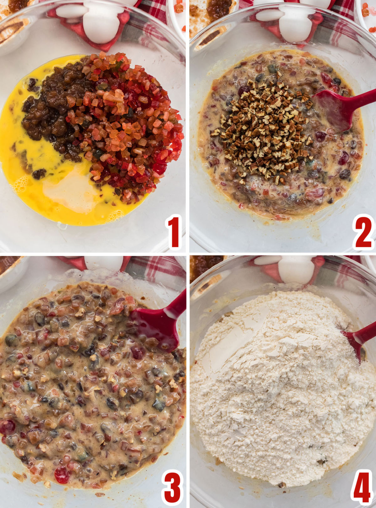 Collage image showing how to make the Fruit Cake Cake Batter.