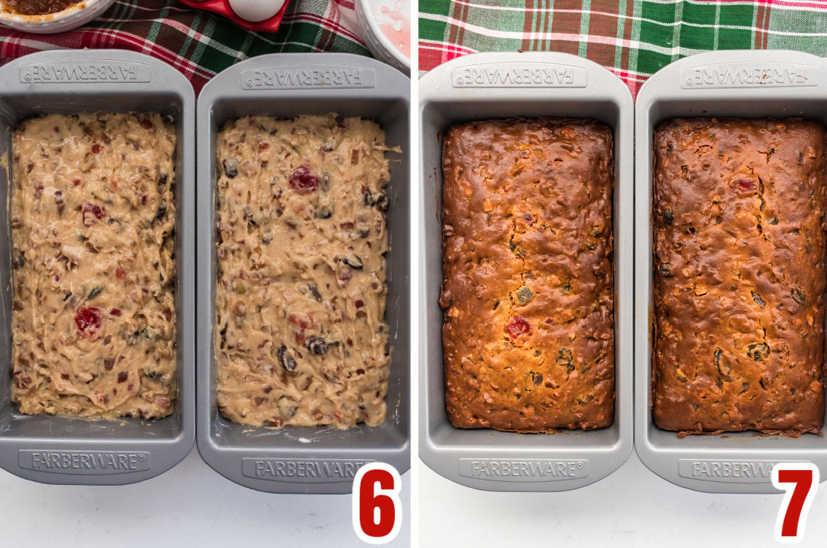 Collage image showing the Fruit Cake before it goes into the oven and after it comes out of the oven.