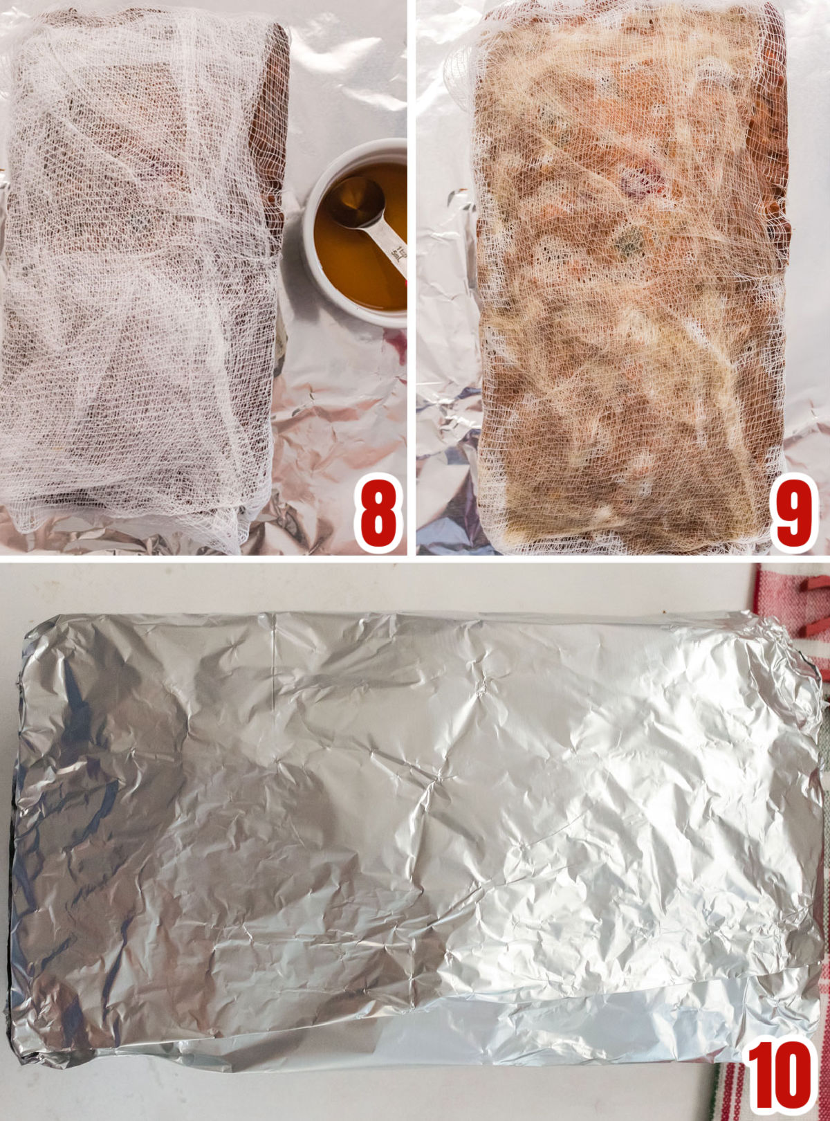 Collage image showing how to ripen the Fruit Cake using cheesecloth and alcohol.