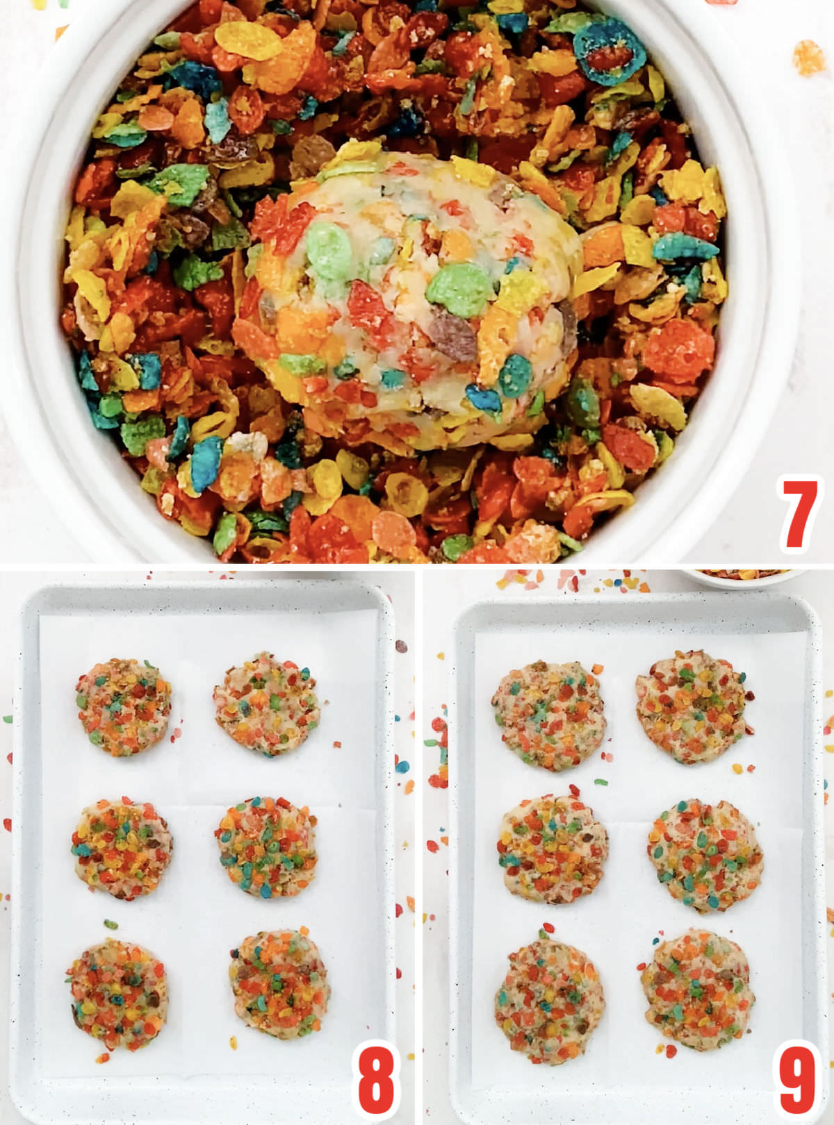 Collage image showing the Fruity Pebbles cookies before they go in the oven and after they come out of the oven.