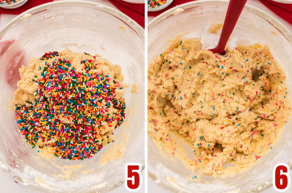 Collage image showing how to add the sprinkles to the cookie dough.