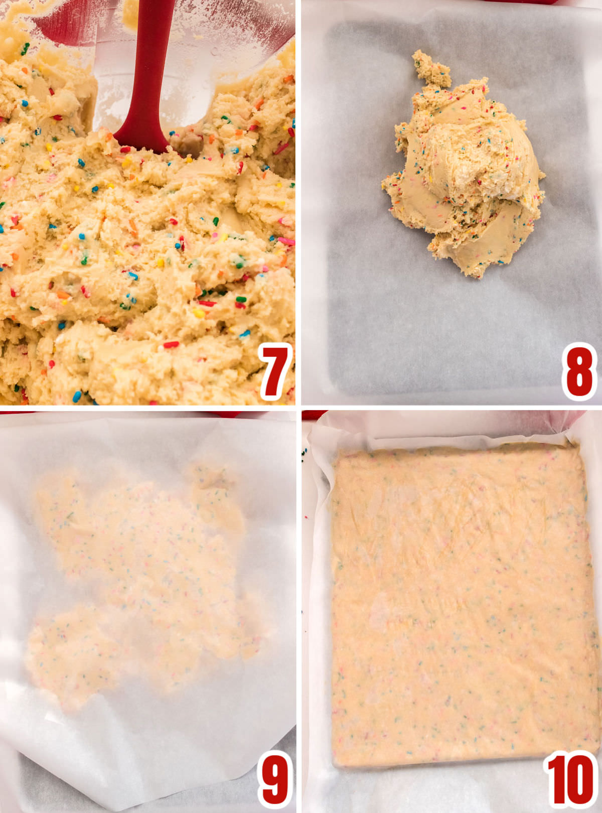Collage image showing how to press the sugar cookie dough into a cookie sheet for baking.