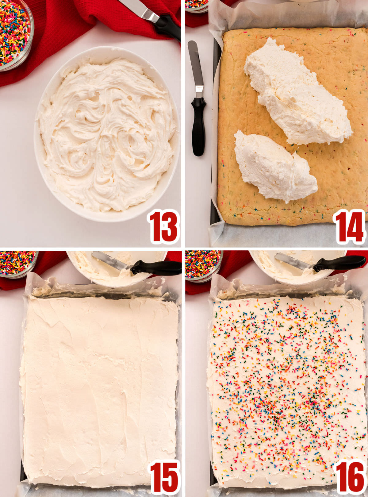 Collage image showing the steps for frosting Funfettti Sugar Cookie Bars.