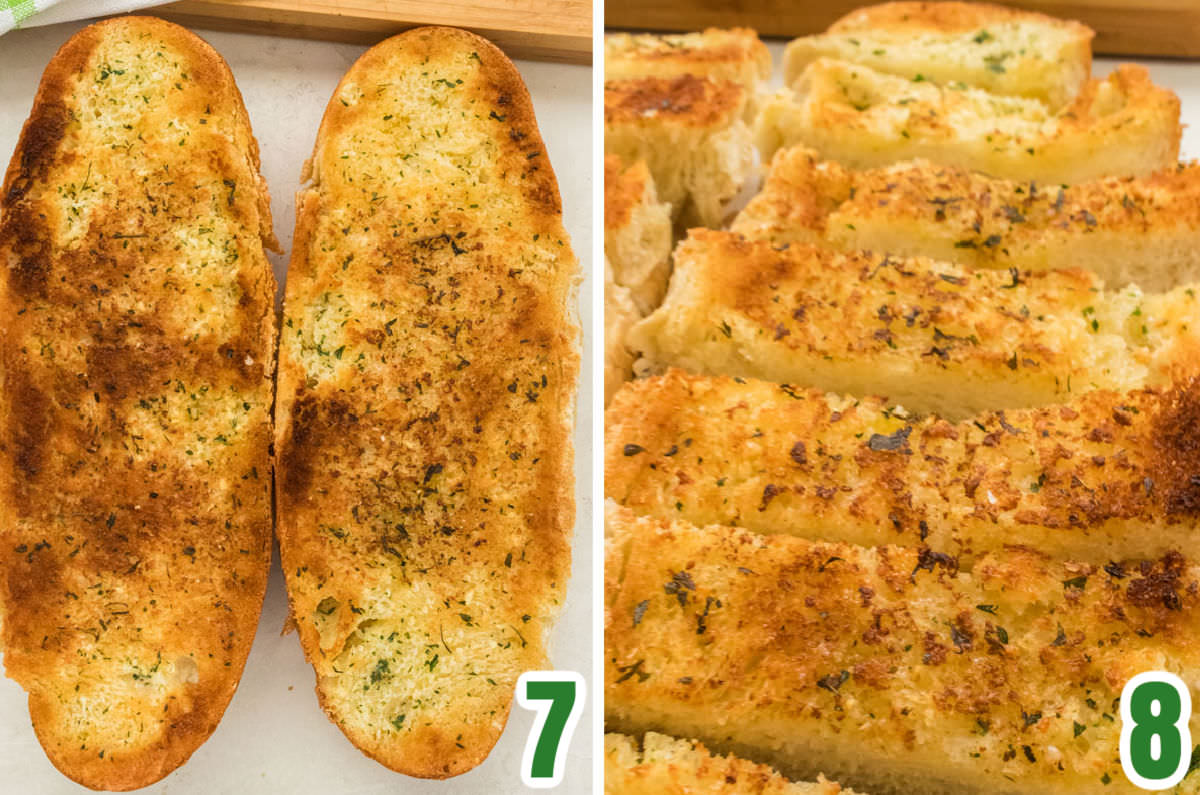 Collage image showing how to head the Garlic Bread under the Broiler in your oven.