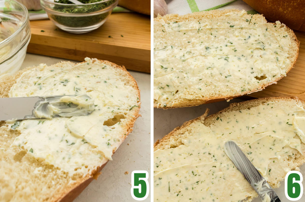 Collage image showing the steps for covering the French Bread in Garlic Butter.