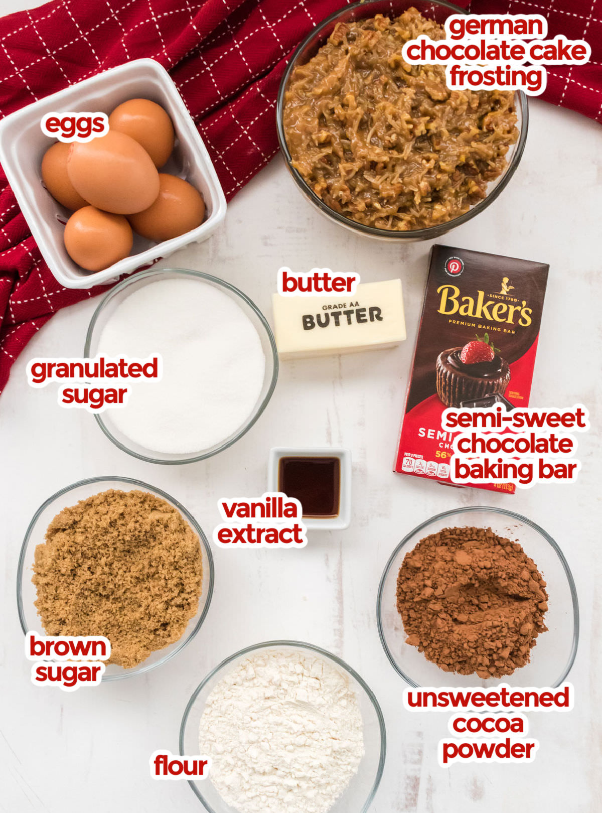 All the ingredients you will need to make the German Chocolate Brownies including Coconut Pecan Frosting, eggs, butter, semi-sweet chocolate baking bar, granulated sugar, brown sugar, vanilla, cocoa powder and flour.