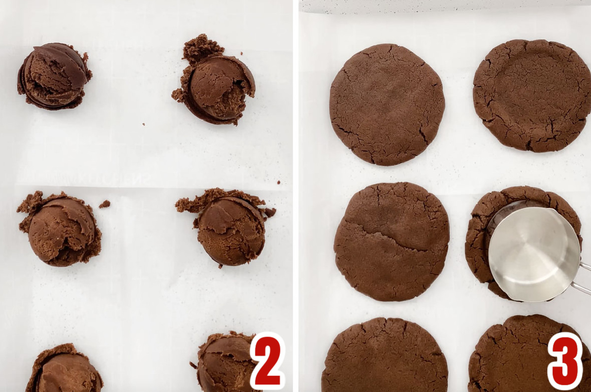 Collage image showing the chocolate cookies before going into the oven and after coming out of the oven.