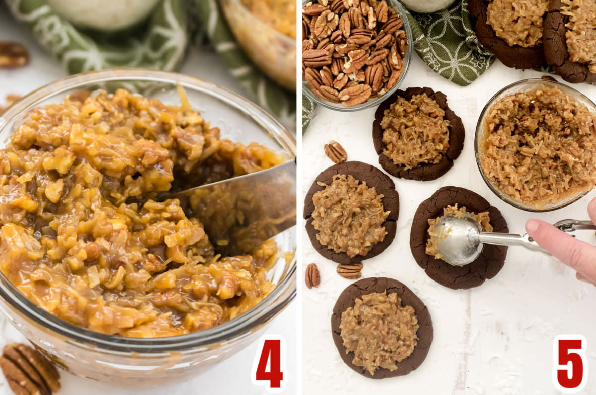 Collage image showing how to frost the German Chocolate Cake Cookies.