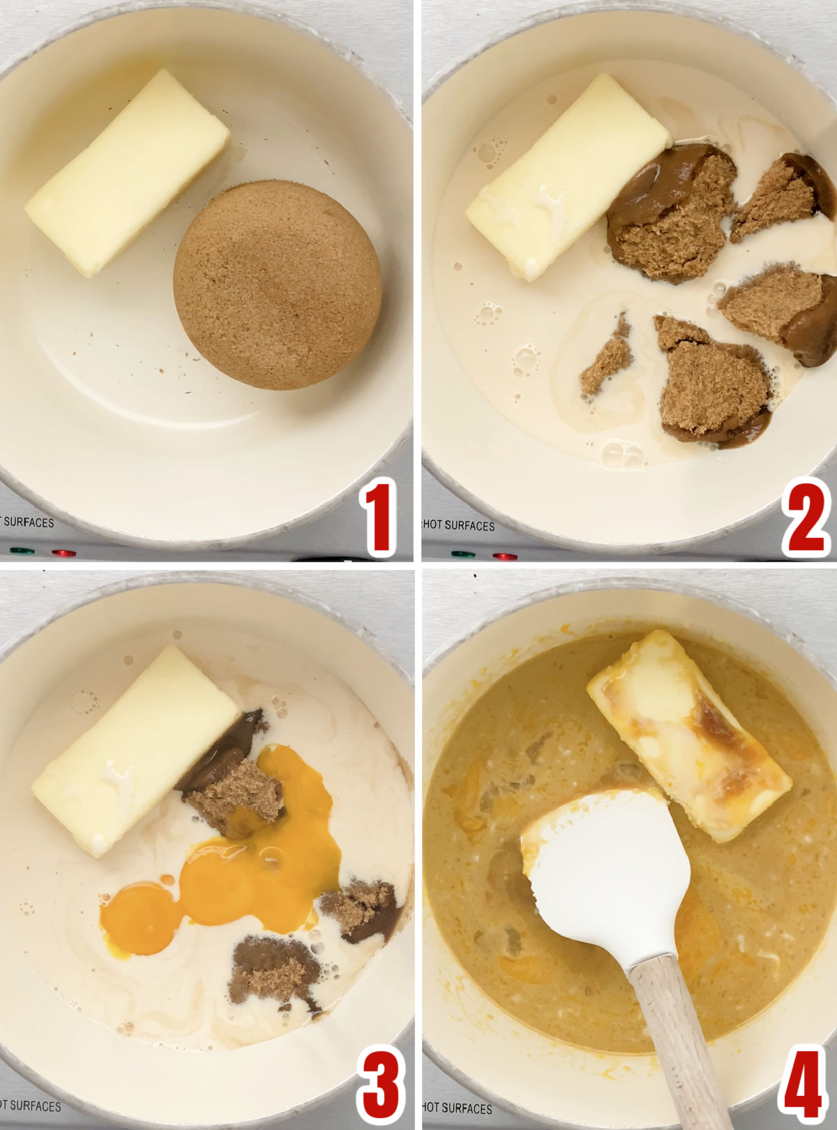 Collage image showing the steps for making the caramel sauce for the German Chocolate Frosting.