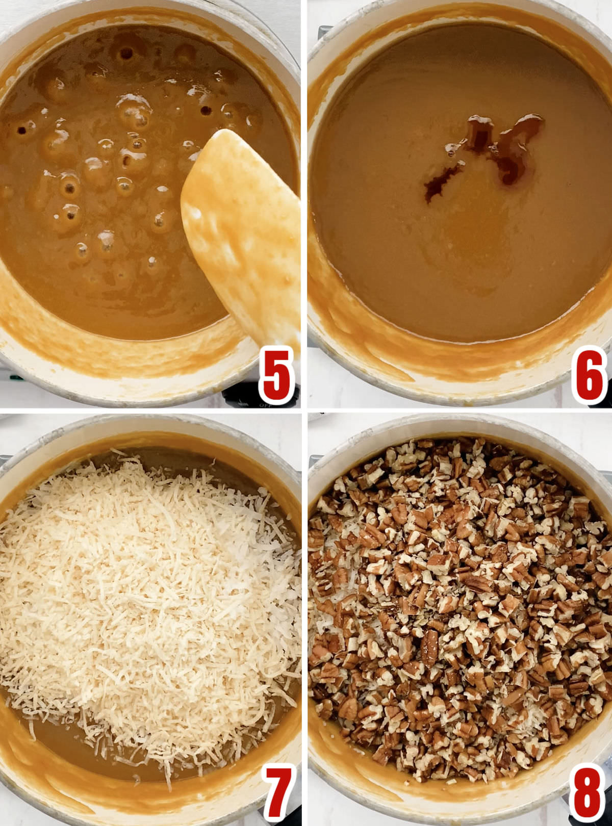 Collage image showing the steps for adding the coconut and the chopped pecans into the caramel mixture.