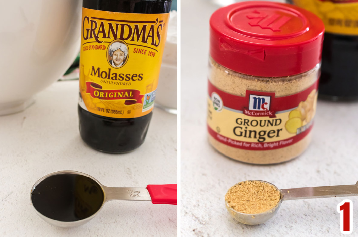 Collage image showing the ingredients needed to give the Gingerbread frosting its iconic flavor including Molasses and Ground Ginger.
