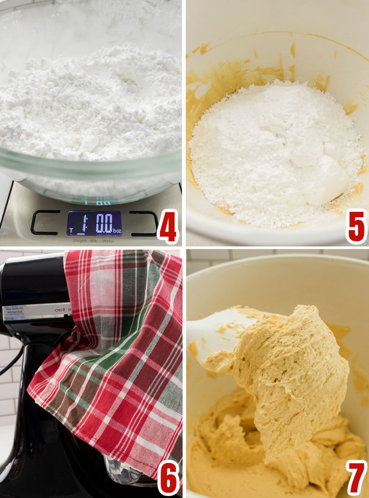 Collage image showing the steps for adding the powdered sugar to the frosting mixture.