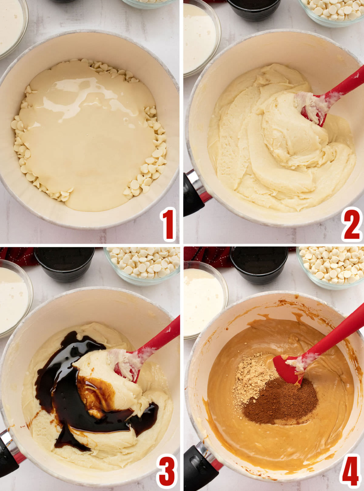 Collage images showing the steps for how to make the Gingerbread Fudge mixture.