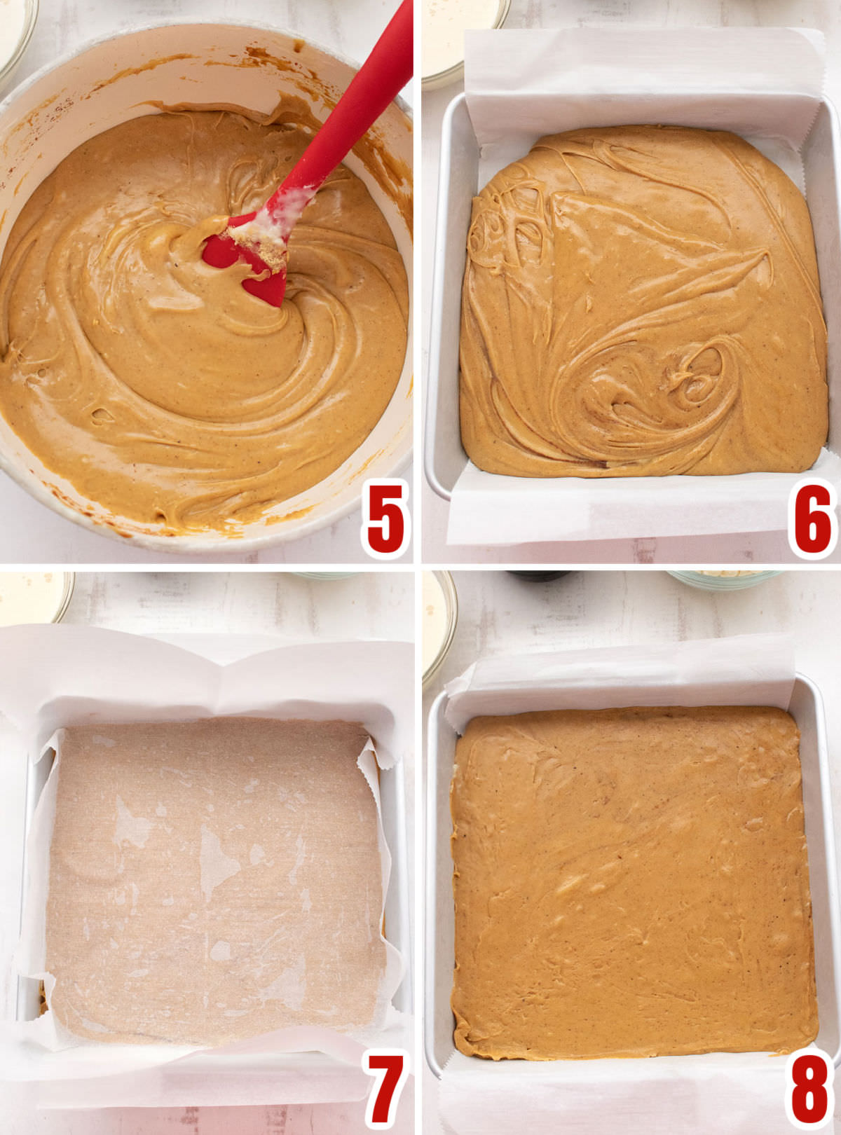 Collage image showing the steps for adding the Fudge mixture to an 8x8 pan to cool.