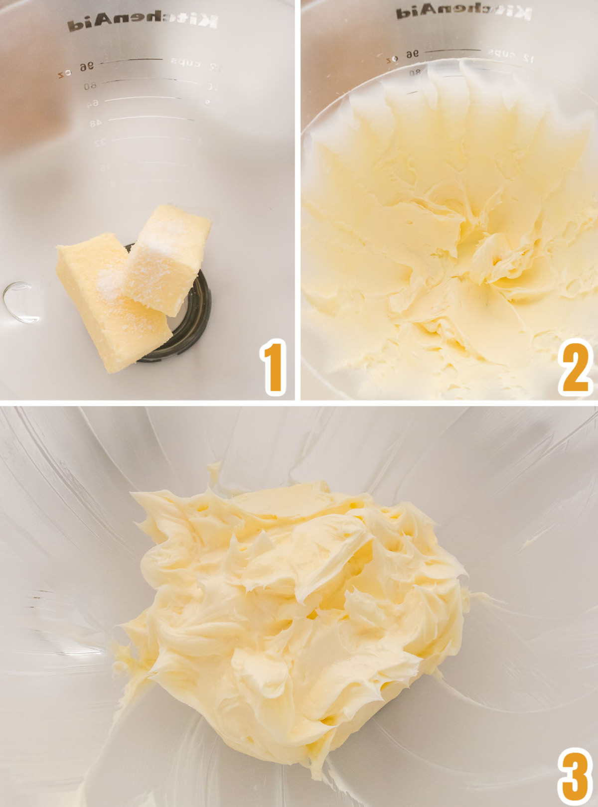 Collage image showing how to cream the butter and the salt to create the best tasting homemade frosting.
