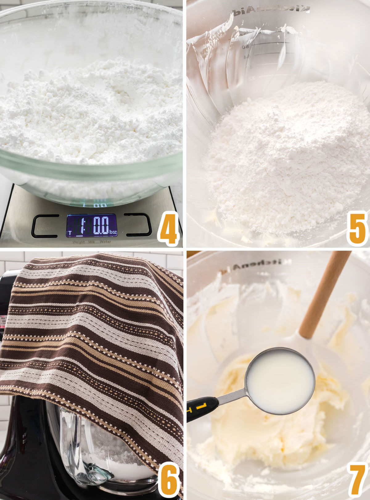 Collage on how to add Powdered Sugar to the butter mixture.