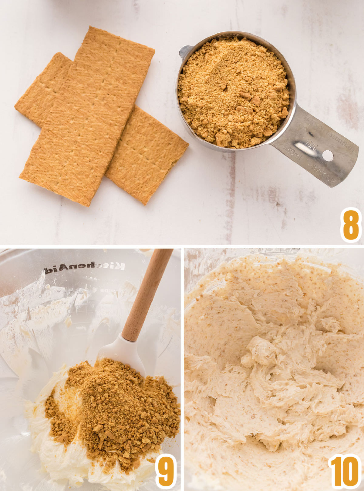 Collage on how to add the Graham Crackers to the buttercream frosting.