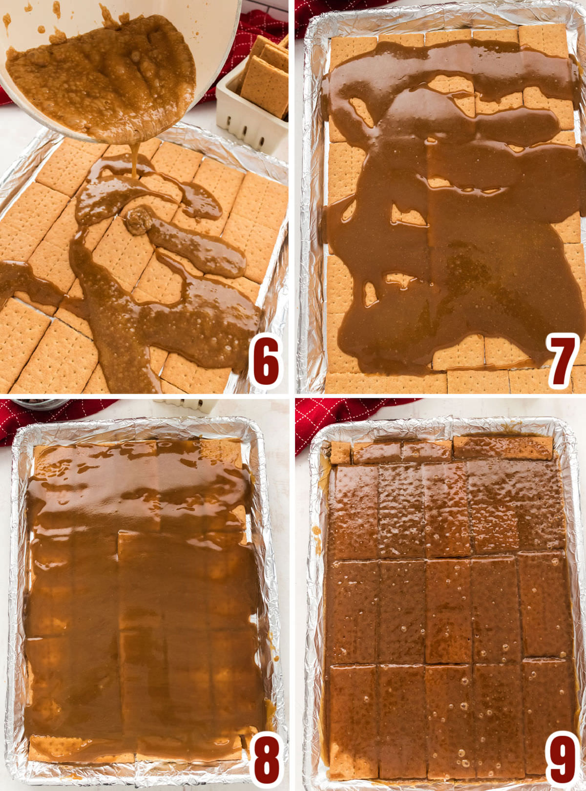 Collage image showing the steps for how to pour the toffee mixture onto the Graham Crackers.