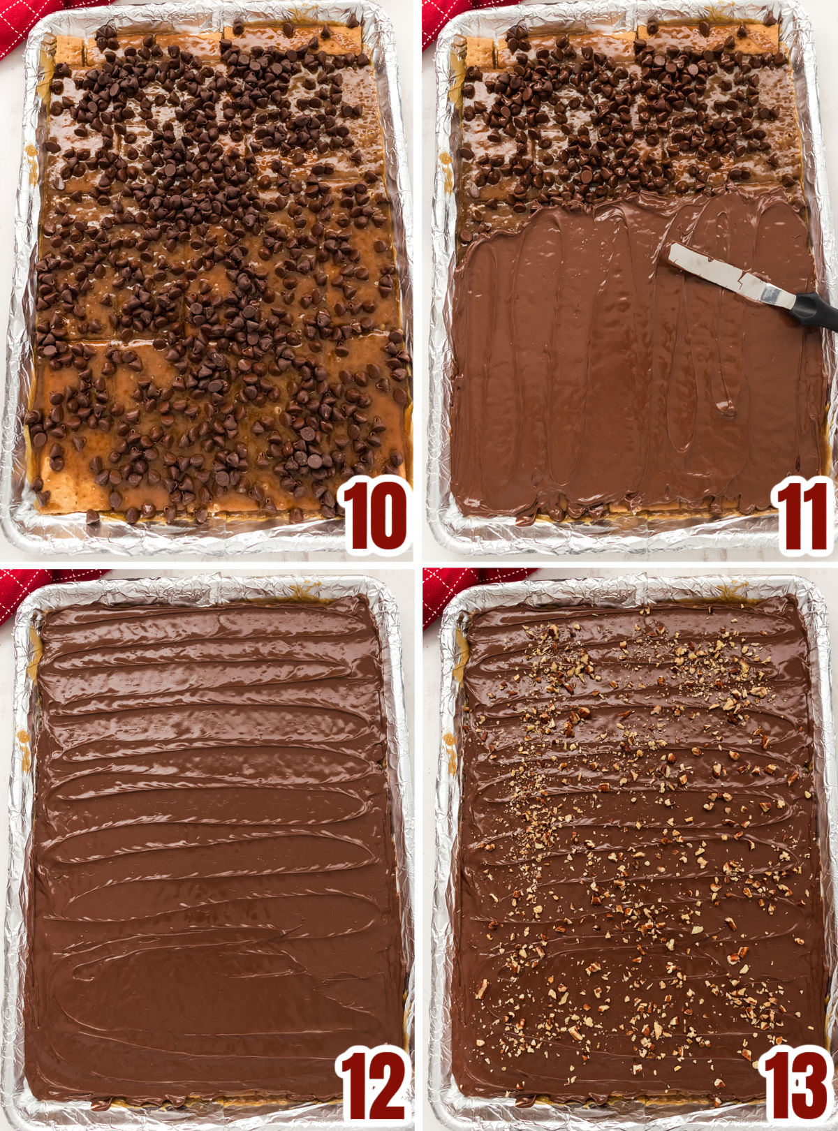 Collage image showing to to melt the chocolate for the top layer of the Graham Cracker Toffee.