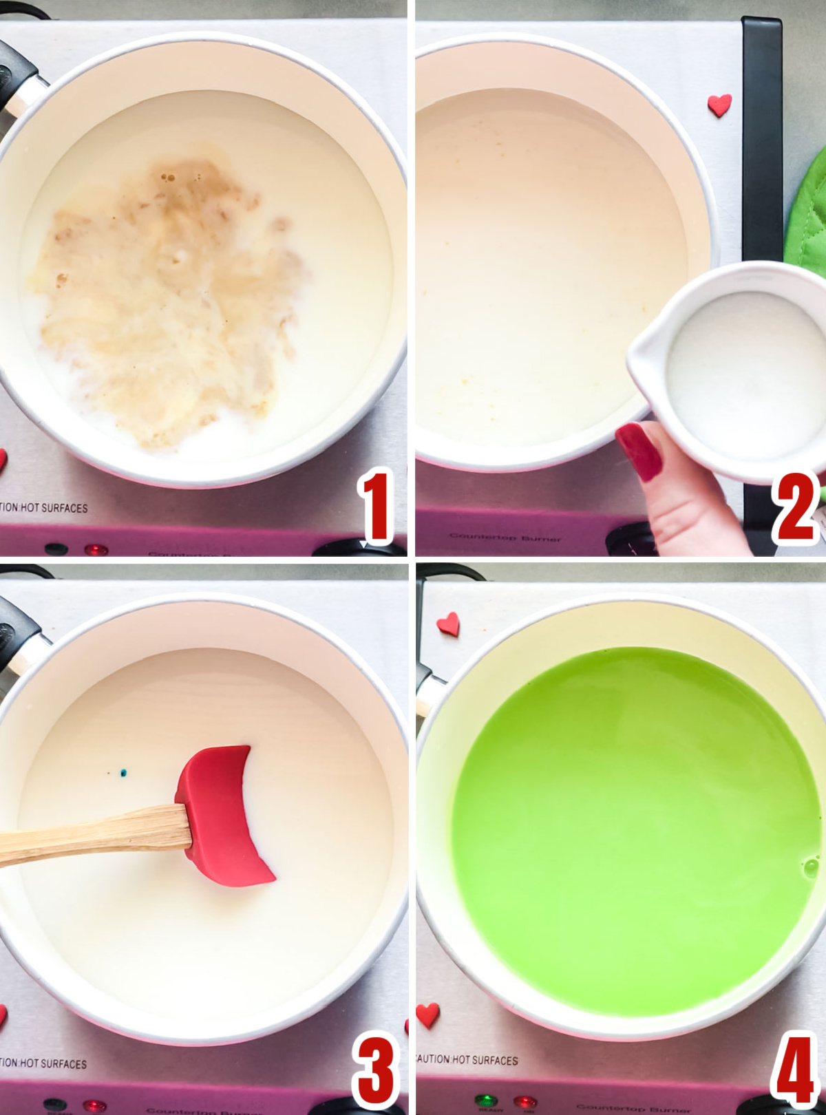 Collage image showing the steps for making Grinch Hot Vanilla Milk.