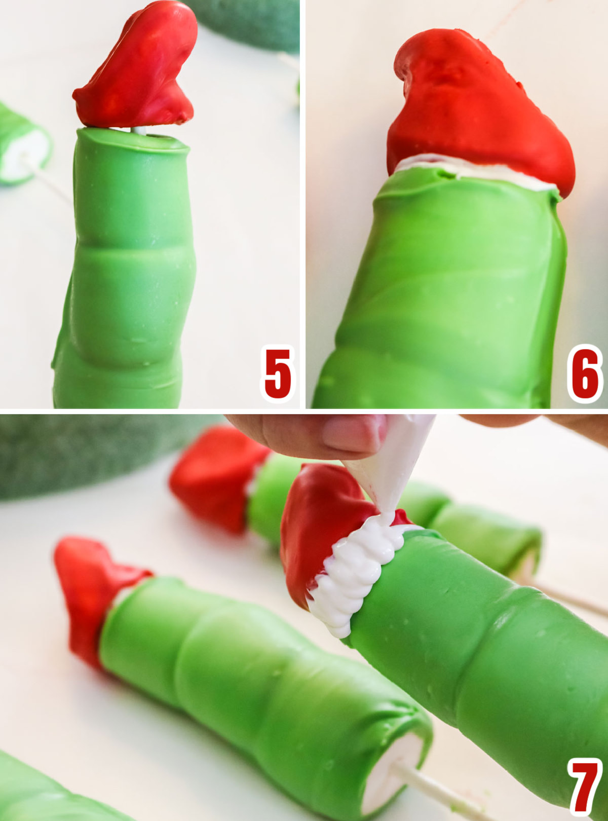 Collage image showing the steps for making the red Santa Hat for the Grinch Marshmallow Pops.