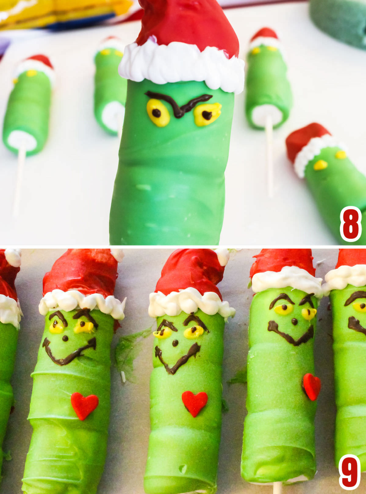 Collage image showing the steps for adding a Grinch face to the Grinch Marshmallow Pops.